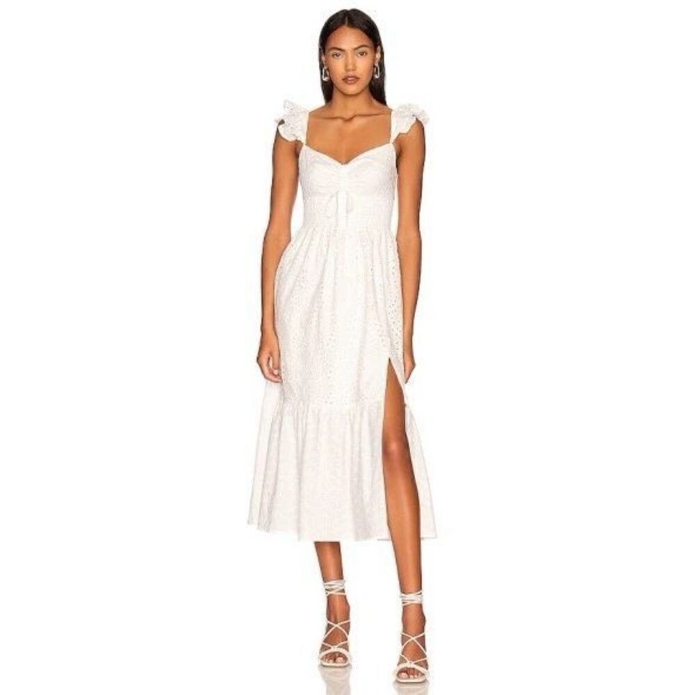 Rays for days Clarissa dress white smocked eyelet open slit midi dress size med - Picture 2 of 5